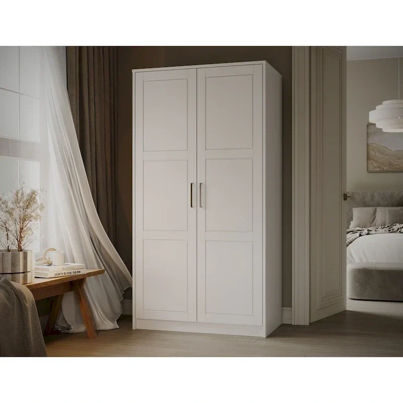 100% Solid Wood 2-Door Urban Wardrobe Armoire with Solid and Mirrored Doors