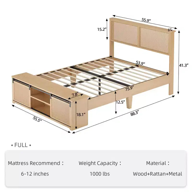 Natural Rattan Platform Bed Frame with Storage Bench and LED Lighting