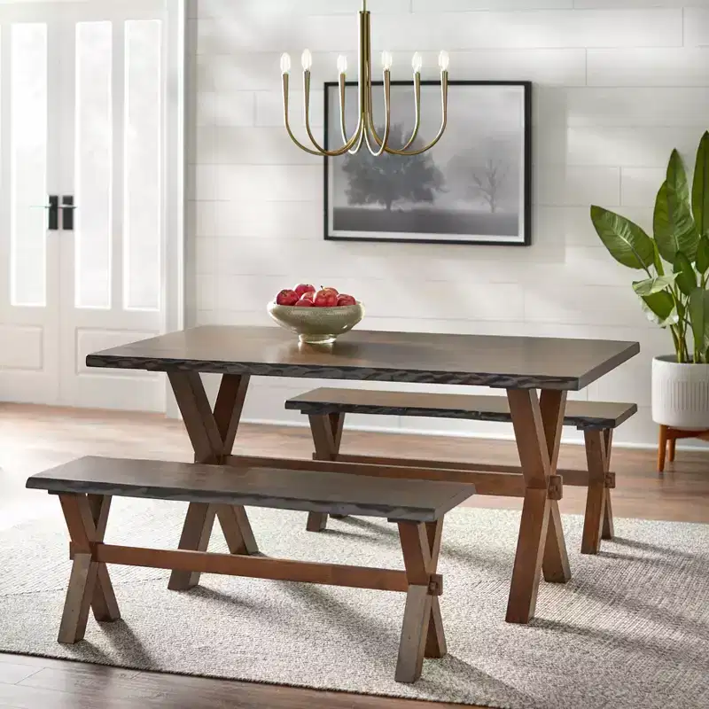 Buylateral Mandeville Rustic Live Edge Solid Wood Dining Bench Walnut: Wood Frame, Rectangular, Seats 2, Varnished Finish