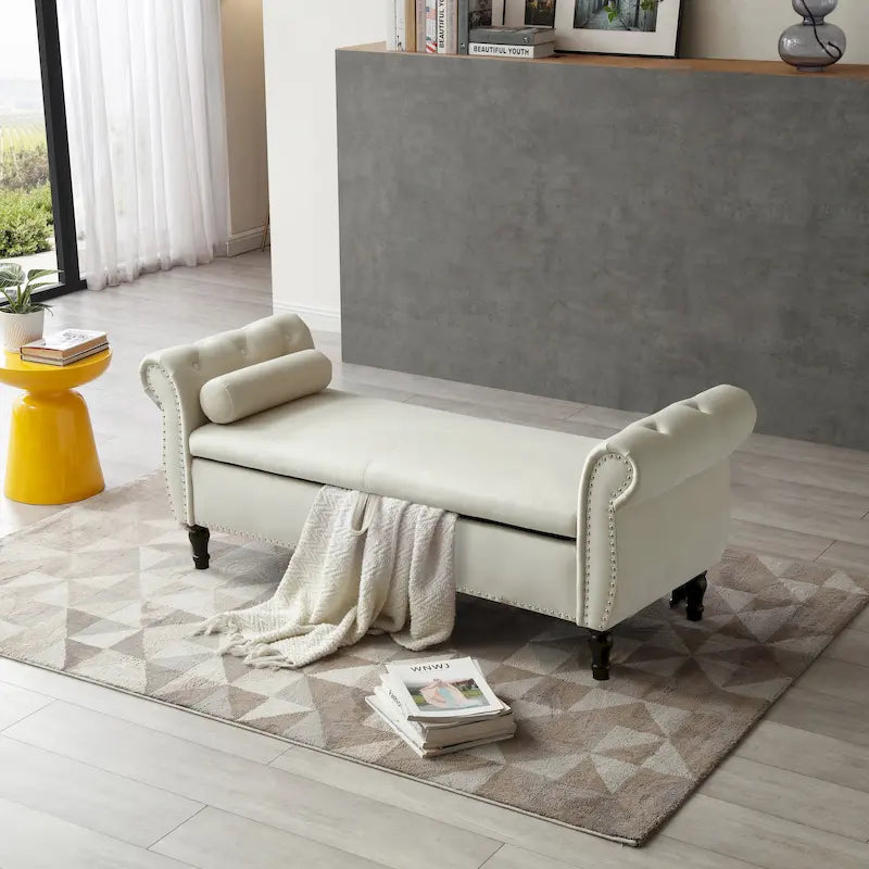 Upholstered Storage Ottoman Bench – Brown / Beige / Blue / Black / Grey / Pink, Velvet, Rolled Arms, Seats 2