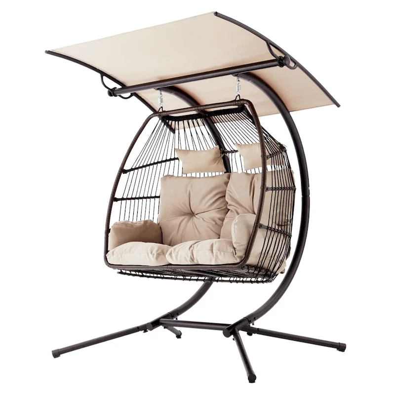 Outdoor Swing Loveseat with Stand, Foldable Hanging Chair, Hammock Cushion, and Awning, Double Egg Chair - Beige
