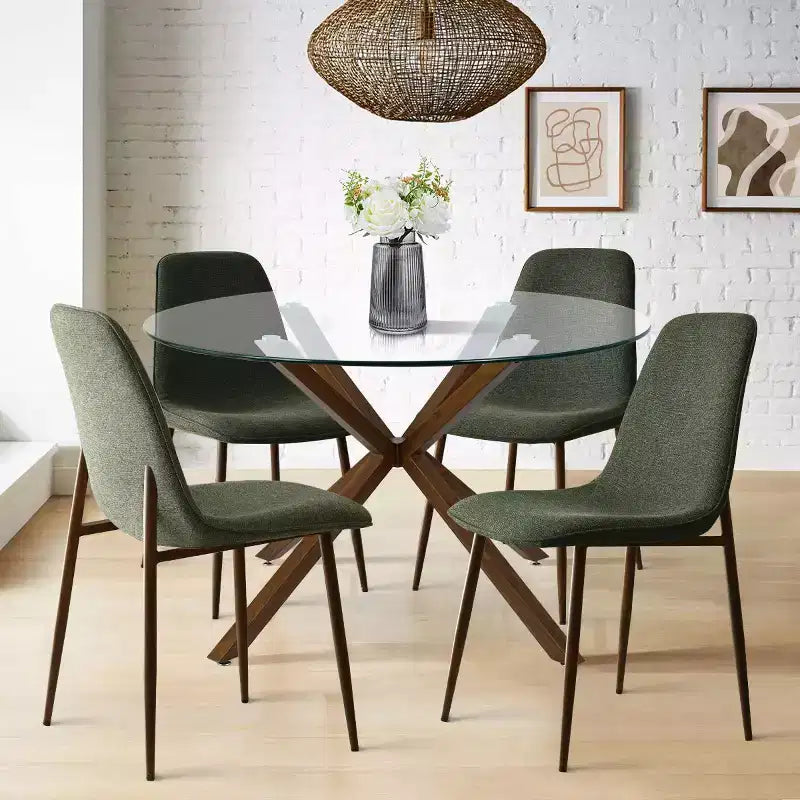 Olive+Oslo 5-Piece Dining Table Set for 4, Round Glass Dining Table with 4 Upholstered Dining Chairs Walnut Legs-Panipeachy
