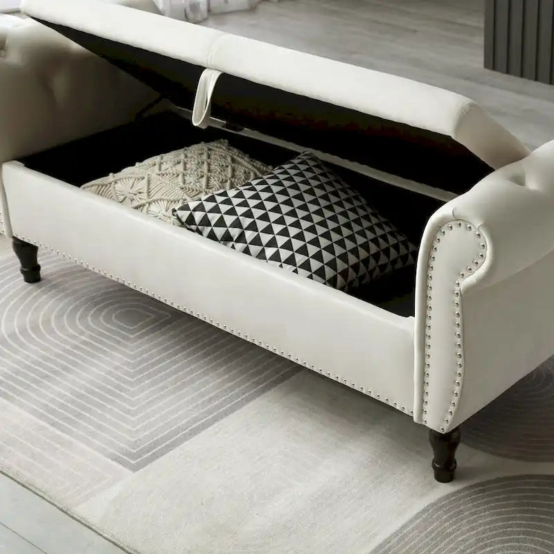 Upholstered Storage Ottoman Bench – Brown / Beige / Blue / Black / Grey / Pink, Velvet, Rolled Arms, Seats 2