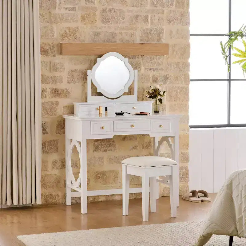 Makeup Vanity Table with Reversible Mirror, Elegant Chic Vanity Desk with 5 Drawers & Upholstered Stool, Space-Saving Beauty Station