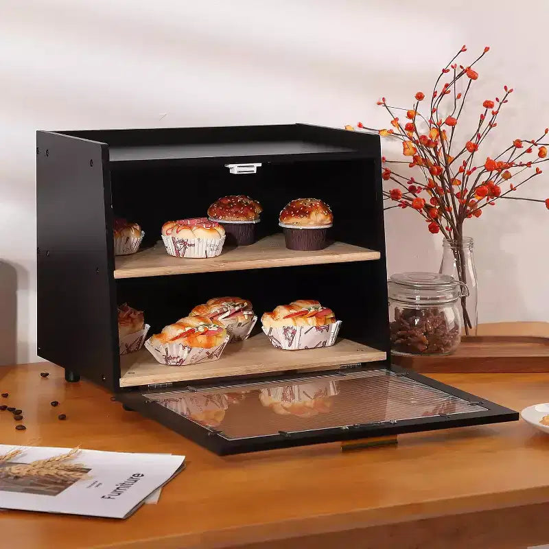 2-Layer Bamboo Bread Box with Acrylic Door, Bread Storage Container for Kitchen Countertop, Organizing Baguettes, Pastries & Baked Goods