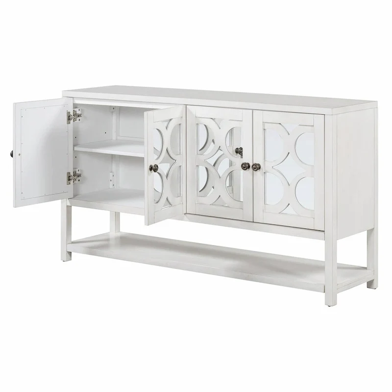 Elegant Retro Console Table with Mirrored Doors, Spacious Shelves and Durable Acacia Wood Legs