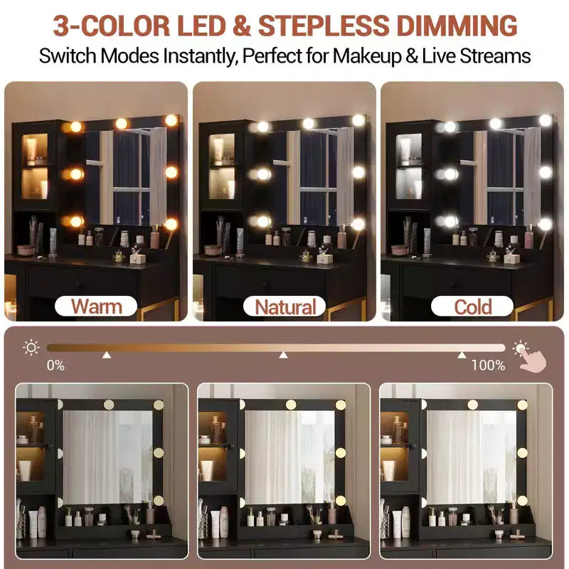 Vanity Desk with Mirror, 3 Lighting Modes Lights, Built-in Outlets & USB Ports, Spacious Drawers & Storage Cabinet, Makeup Dressing Table for Bedroom