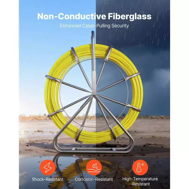 VEVOR Fish Tape Fiberglass, 500FT 6.3MM, Duct Rodder Fishtape Wire Puller with Stand, 1/4-In Cable Running Rod,Marked Every 5 Ft,Non-Conductive,Yellow