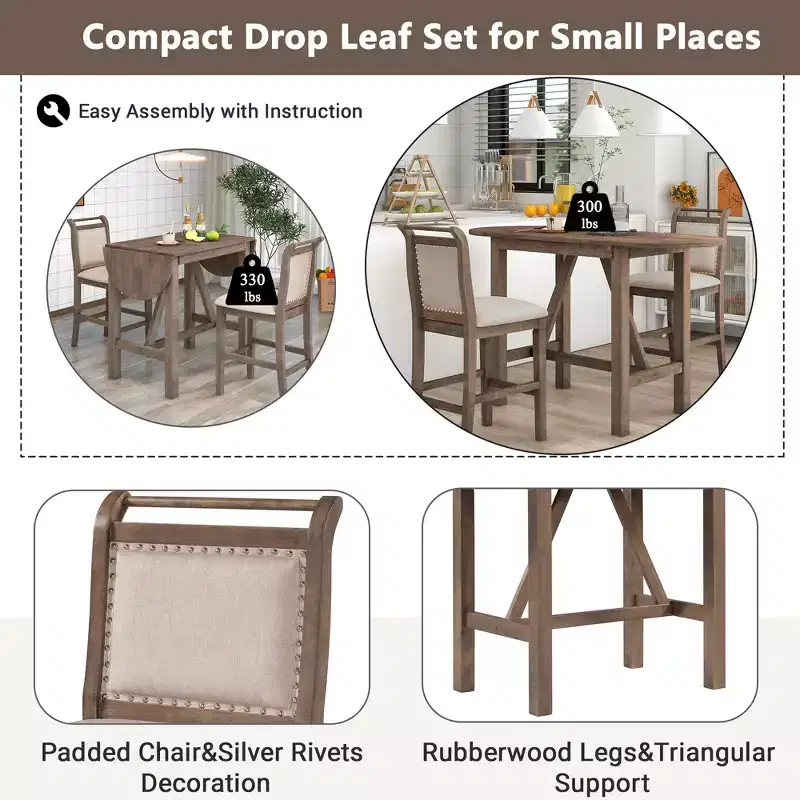Whisen 3-Piece Wood Counter Height Drop Leaf Dining Table Set with 2 Upholstered Dining Chairs