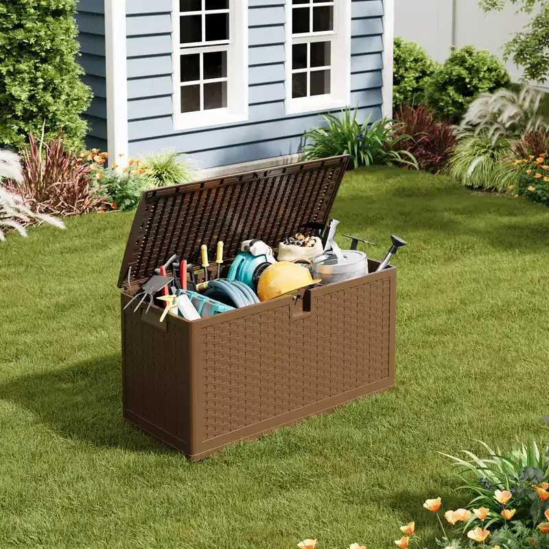 73 Gallon Waterproof Outdoor Storage Deck Box  Constructed from Durable Resin  Lockable Lid with Convenient Handles  Brown Finish
