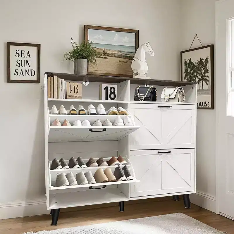 4-Drawer Flip Shoe Cabinet, Freestanding Hidden Shoe Organizer with Metal Legs & Solid Wood Doors, Narrow Entryway Shoe Storage for Hallway Foyer