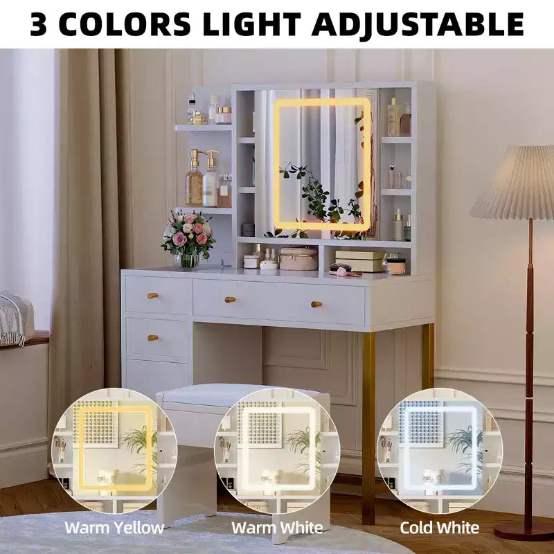 Makeup Table, Vanity Desk Dressing Table with LED Lighted Mirror & Power Outlet, 3 Lighting Modes