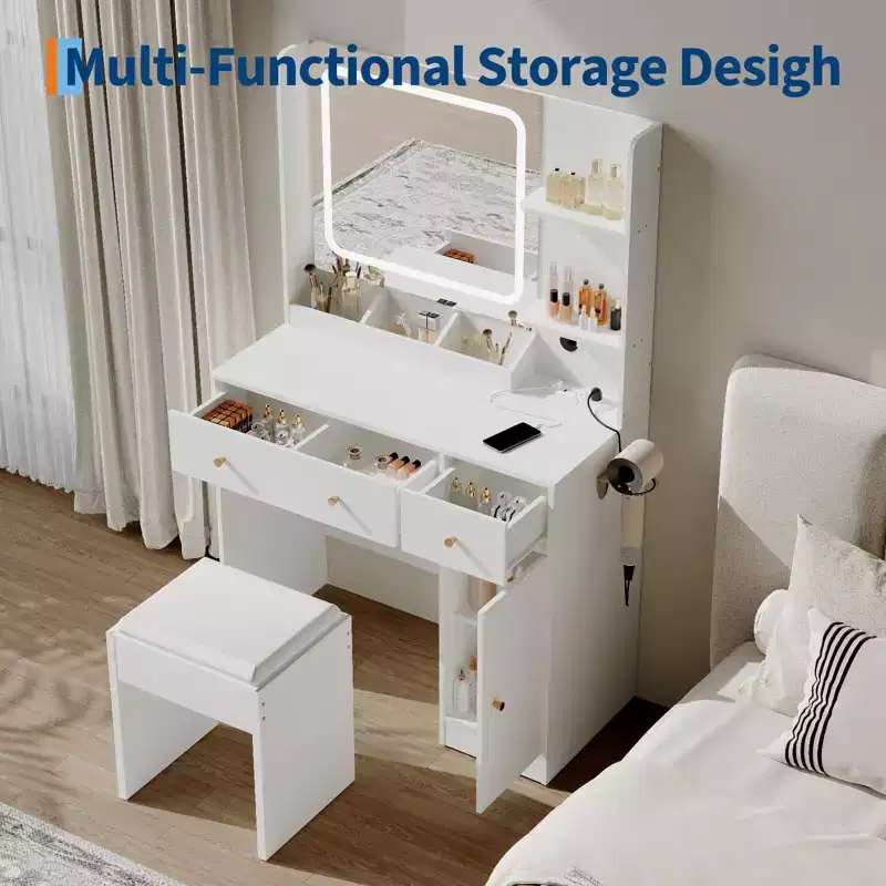COZONY Makeup Vanity with Lights & Mirror, Vanity Table with Charging Station, Hair Dryer Holder, Storage Drawers & Shelves, Upholstered Stool