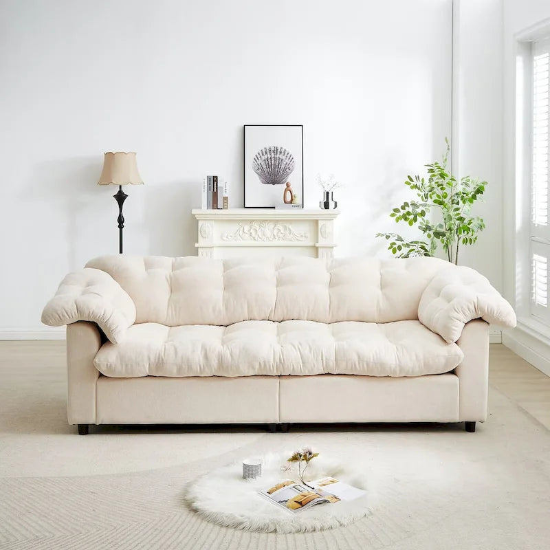 99-Inch Deep Seat Sofa – Yellow / Beige / Grey / Green, Chenille, Solid Wood Frame, Seats 3