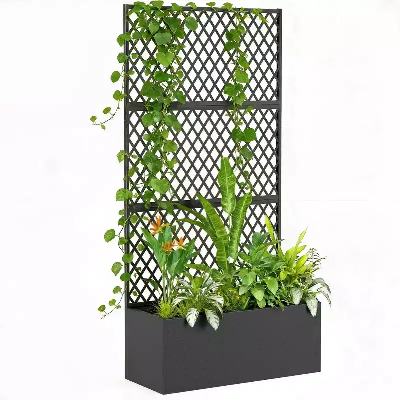 Outsunny Metal Planter Box with Trellis, Raised Garden Bed with Trellis Privacy Screen for Climbing Plants, Diamond Lattice Privacy Planter