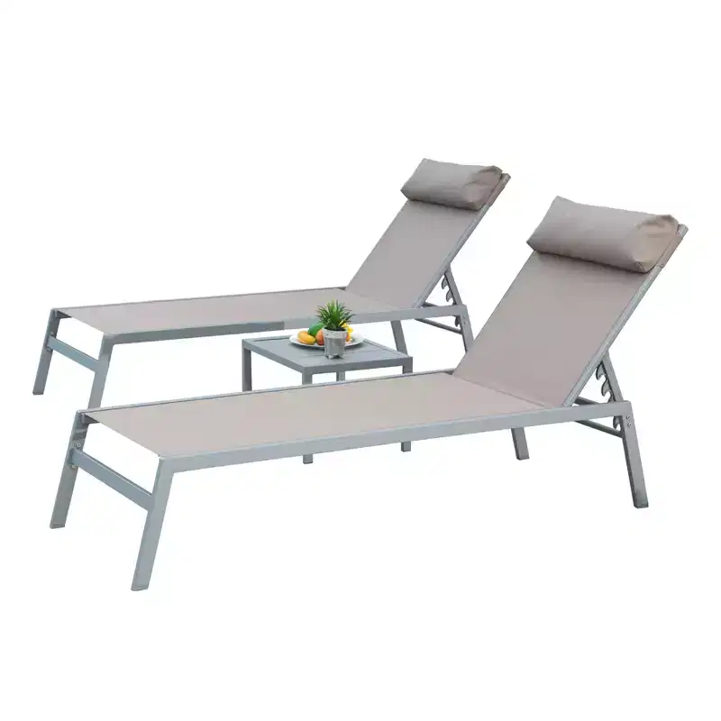 CLIHOME 3 Pieces Patio Aluminum Pool Lounge Chairs Set,Adjustable Backrest Textilene Sunbathing Recliner(with 2 Lounge Chairs&1 Table)