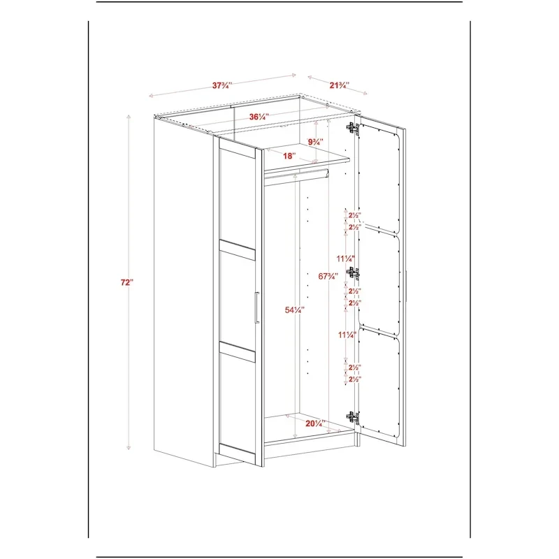 100% Solid Wood 2-Door Urban Wardrobe Armoire with Solid and Mirrored Doors