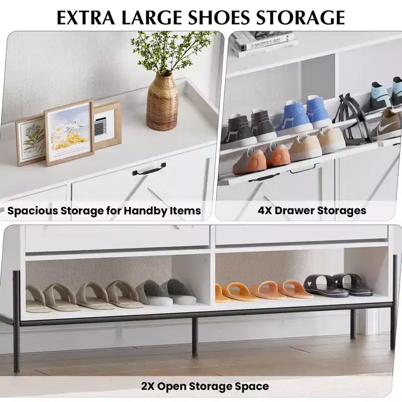 Shoe Cabinet with 4 Flip-Up Drawers Hidden Shoe Storage Cabinet with Open Storage for Entryway Hallway Bedroom Shoe Organizer Cabinet
