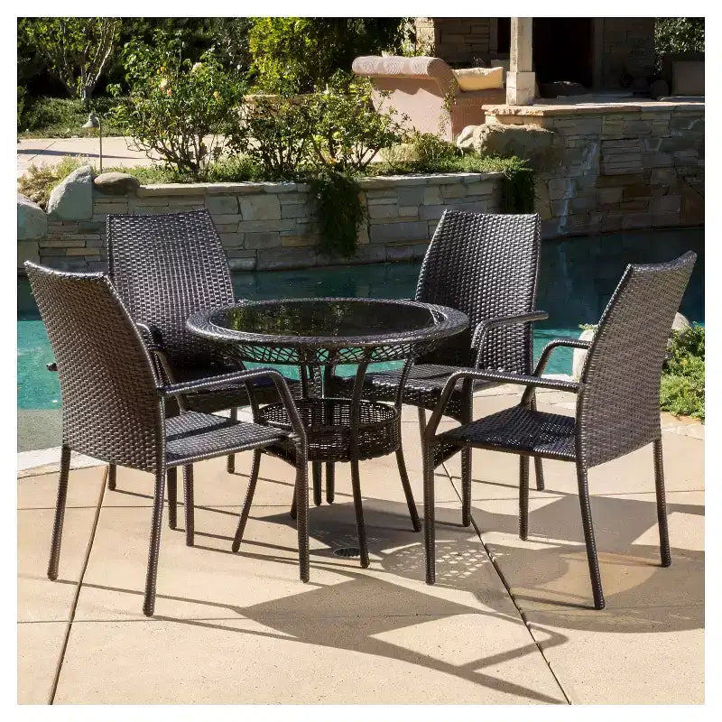 Lisbon 5pc Wicker Patio Dining Set - Brown - Christopher Knight Home: Weather-Resistant, No Assembly, Galvanized Steel Hardware