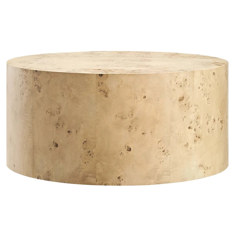 Round Burl Wood Coffee Table – Natural / Off White, Mid-Century Style