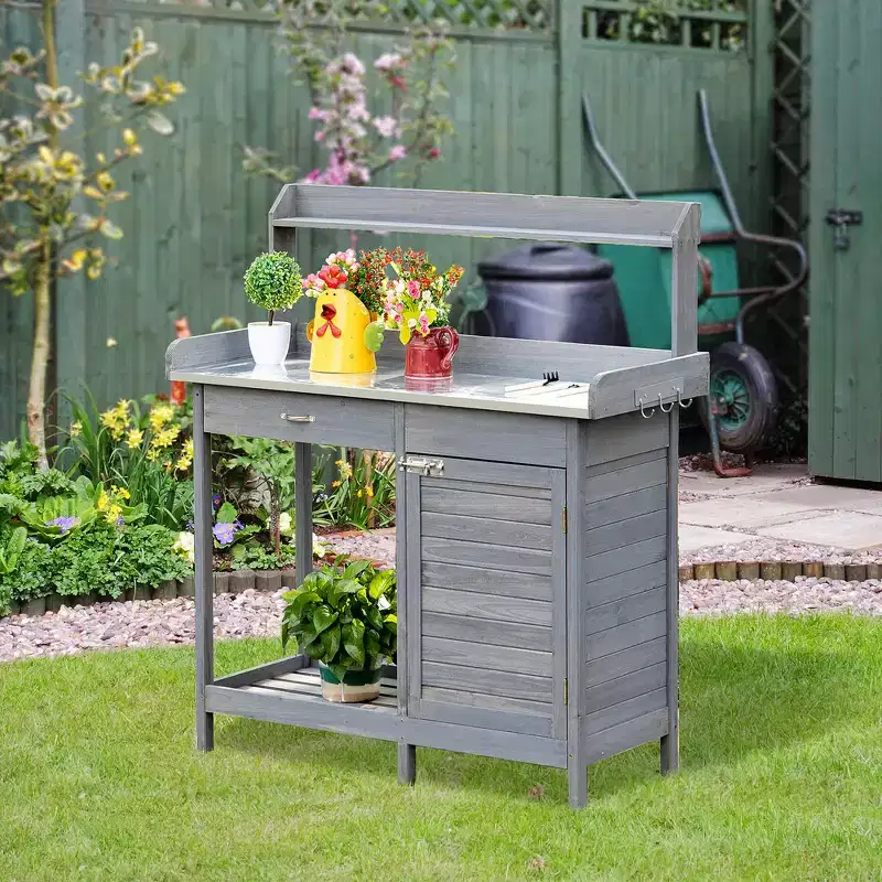 Whisen Patio Wooden Potting Bench, Outdoor Garden Work Station Table with Storage Cabinet, Open Shelf and Steel Tabletop - Gray