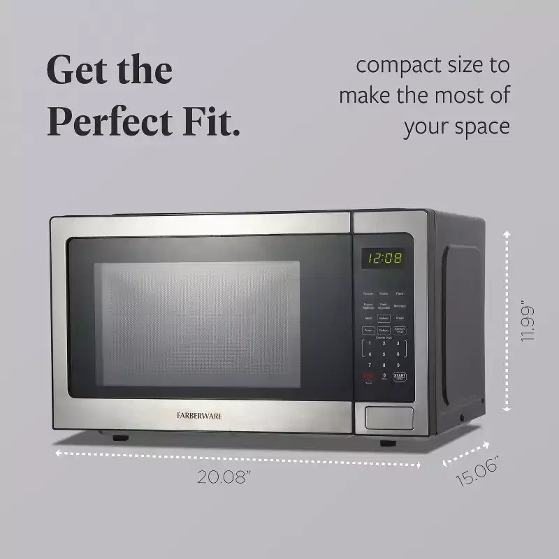 Farberware 1.1 Cu. Ft. Countertop Microwave Oven  1000W Power, Auto Cook Settings, Defrost, and Safety Lock