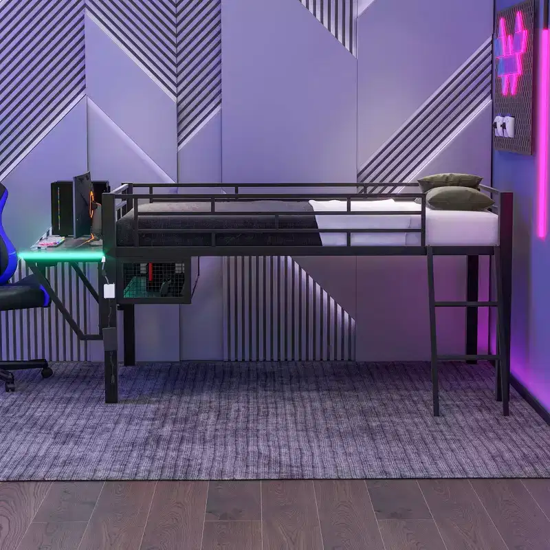 Twin Gaming Loft Bed with Desk & LED Lights, Black Metal Mid Loft Bed with Storage for Kids Teens, eSports-Inspired Design