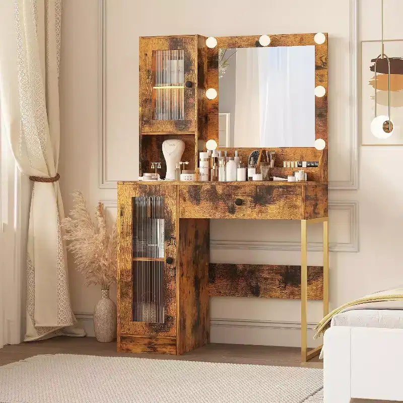 Vanity Desk with Mirror, 3 Lighting Modes Lights, Built-in Outlets & USB Ports, Spacious Drawers & Storage Cabinet, Makeup Dressing Table for Bedroom