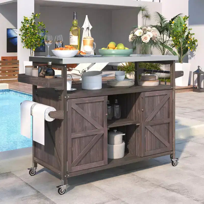 Okak Outdoor Kitchen Island with Stainless Steel Top, Wooden Kitchen Cart with Doors, Shelves and Spice Rack, Rolling Kitchen Island