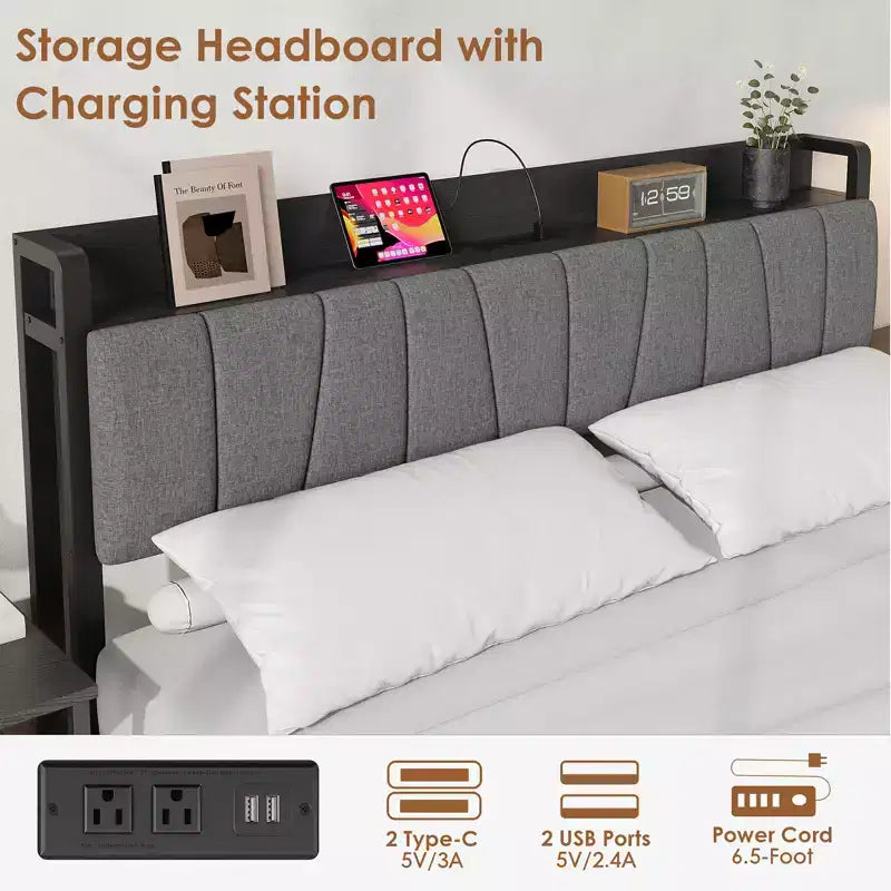 Whizmax Full Size Bed Frame with Upholstered Headboard, Industrial Full Platform Bed with 2 Storage Drawers and Charging Station, No Box Spring Needed