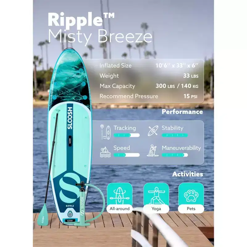 SLOOSH 126'' Ripple Inflatable Stand Up Paddle Board SUP with Premium Accessories, Non-Slip EVA Deck, Bag Included for Youth & Adults Water Adventure