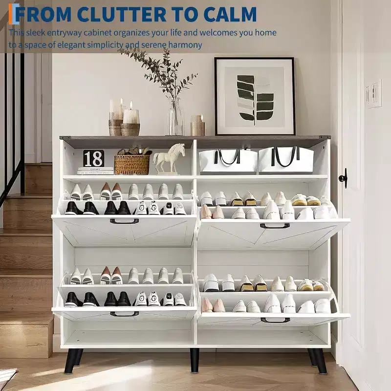 4-Drawer Flip Shoe Cabinet, Freestanding Hidden Shoe Organizer with Metal Legs & Solid Wood Doors, Narrow Entryway Shoe Storage for Hallway Foyer
