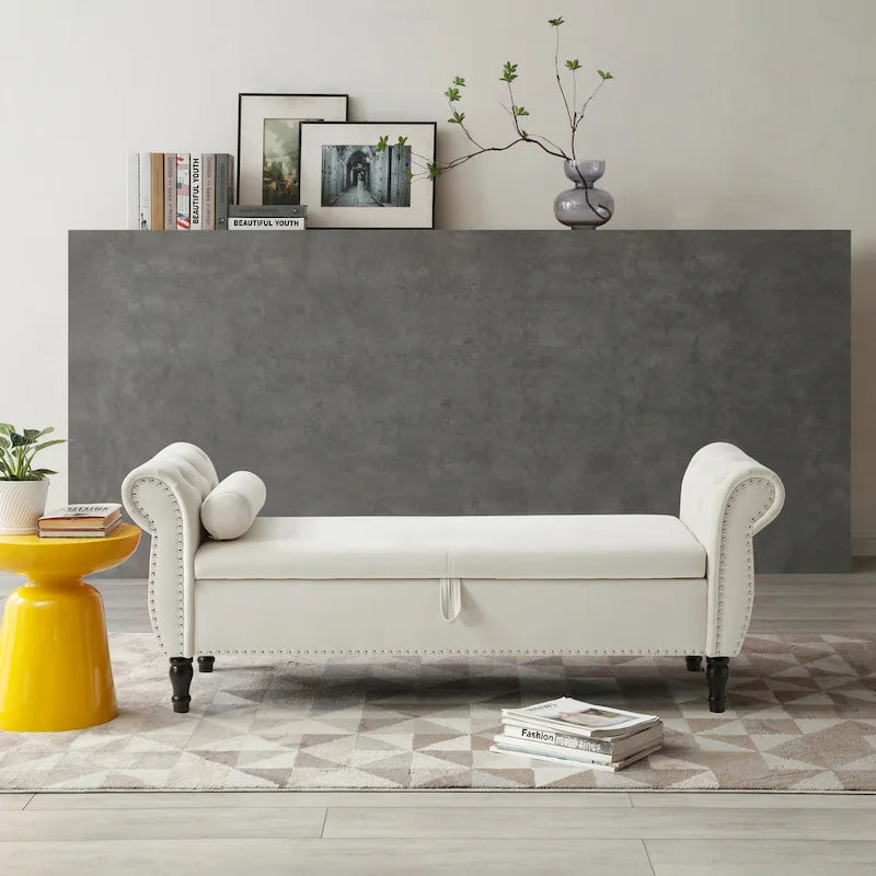 Upholstered Storage Ottoman Bench – Brown / Beige / Blue / Black / Grey / Pink, Velvet, Rolled Arms, Seats 2