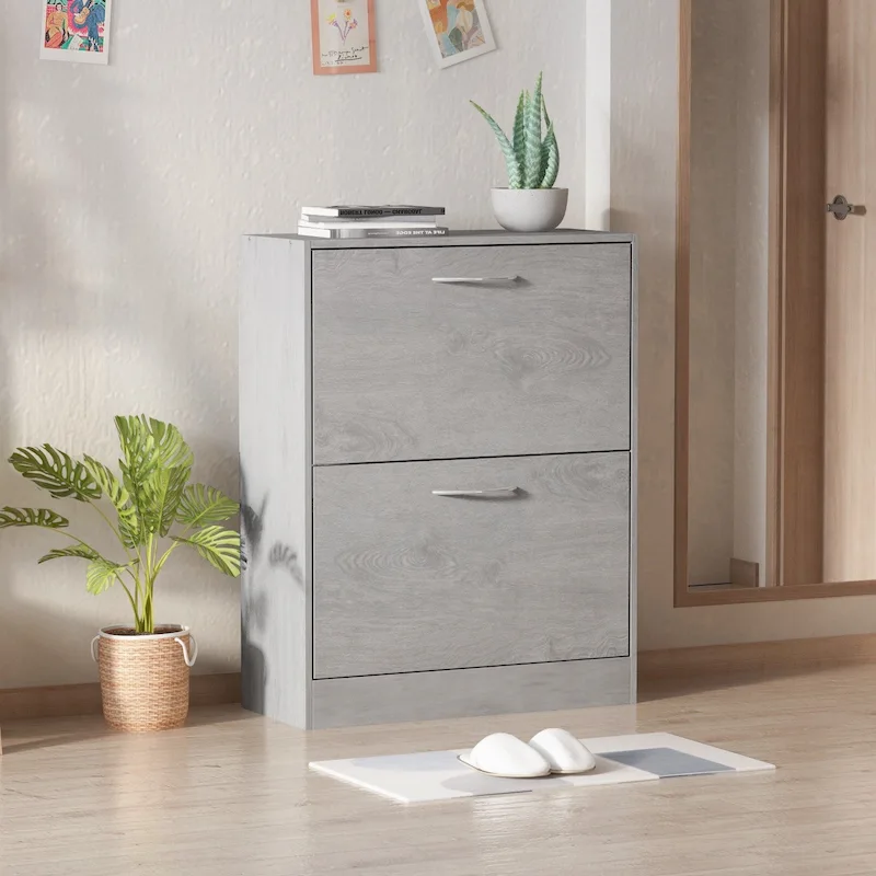 Grey / Oak Flip-Top Shoe Cabinet, 2-Drawer & 3-Drawer, Holds up to 14 Pairs