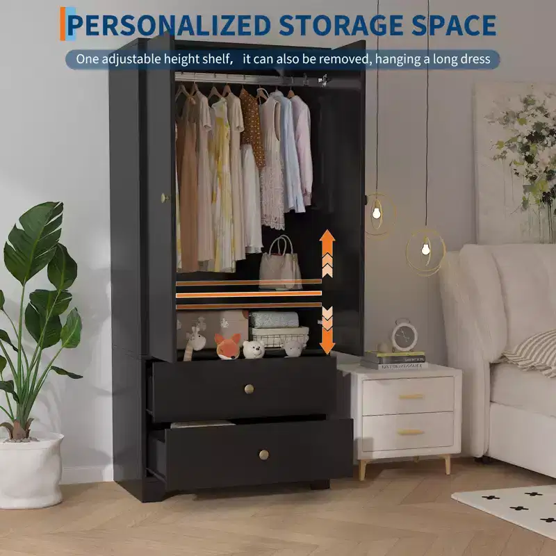 2-Door Wardrobe Storage Cabinet, Flat Panel MDF Sideboard Buffet Cabinet for Bedroom, Dining Room and Home