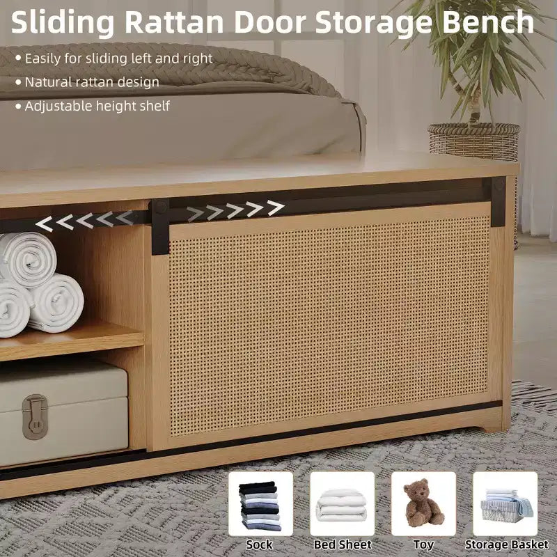 Natural Rattan Platform Bed Frame with Storage Bench and LED Lighting