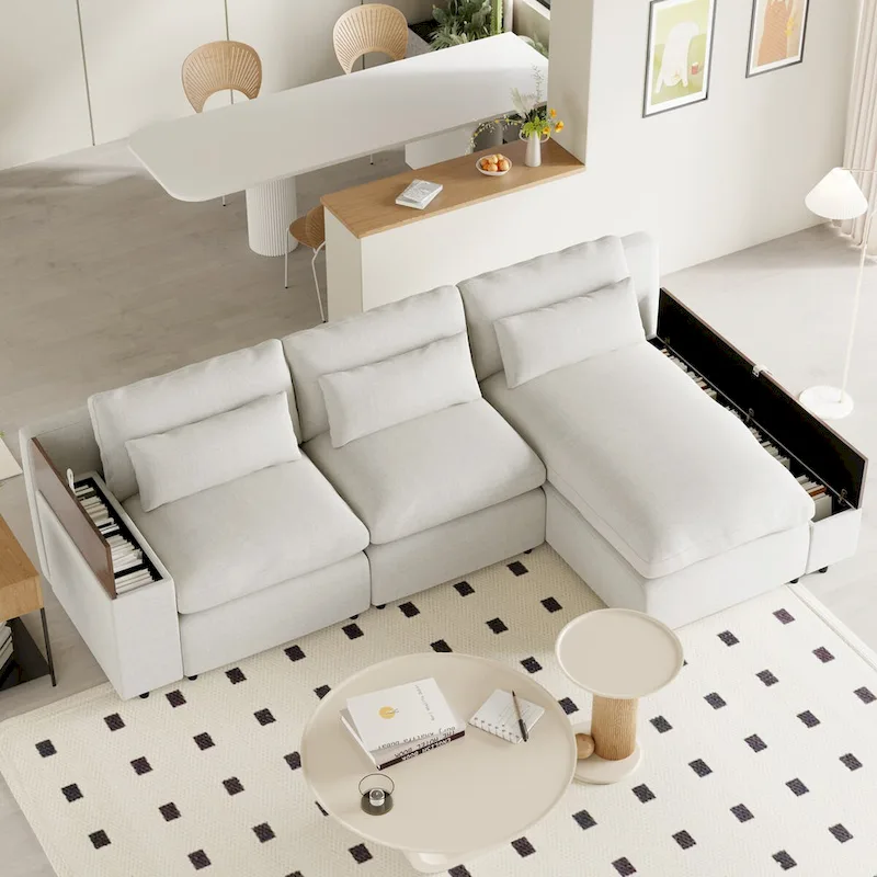 Beige L-Shaped Modular Sectional Sofa, 3-Seat, Right Facing