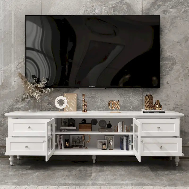 70.9-Inch TV Stand – White, Modern Style, Tempered Glass Doors & 4 Drawers