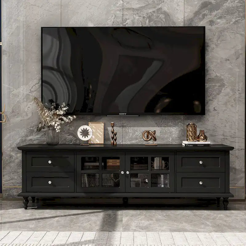 70.9-Inch TV Stand – White, Modern Style, Tempered Glass Doors & 4 Drawers