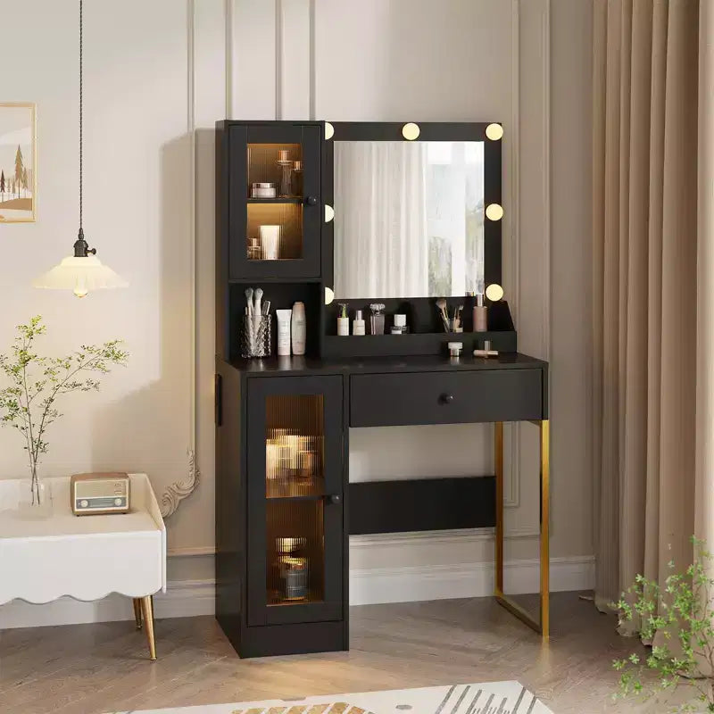 Vanity Desk with Mirror, 3 Lighting Modes Lights, Built-in Outlets & USB Ports, Spacious Drawers & Storage Cabinet, Makeup Dressing Table for Bedroom