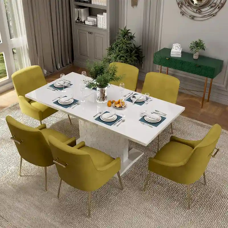 7-Piece Clihome High-gloss Extendable Table Velvet Chair Dining Set