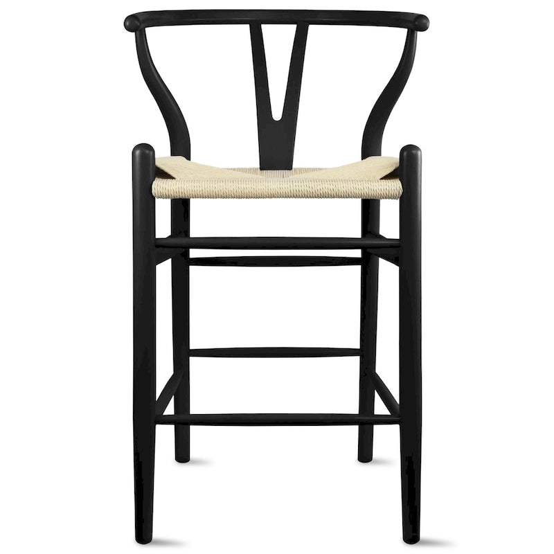 Solid Wood Countertop Height Barstool with Open Y Back, Farmhouse Woven Seat