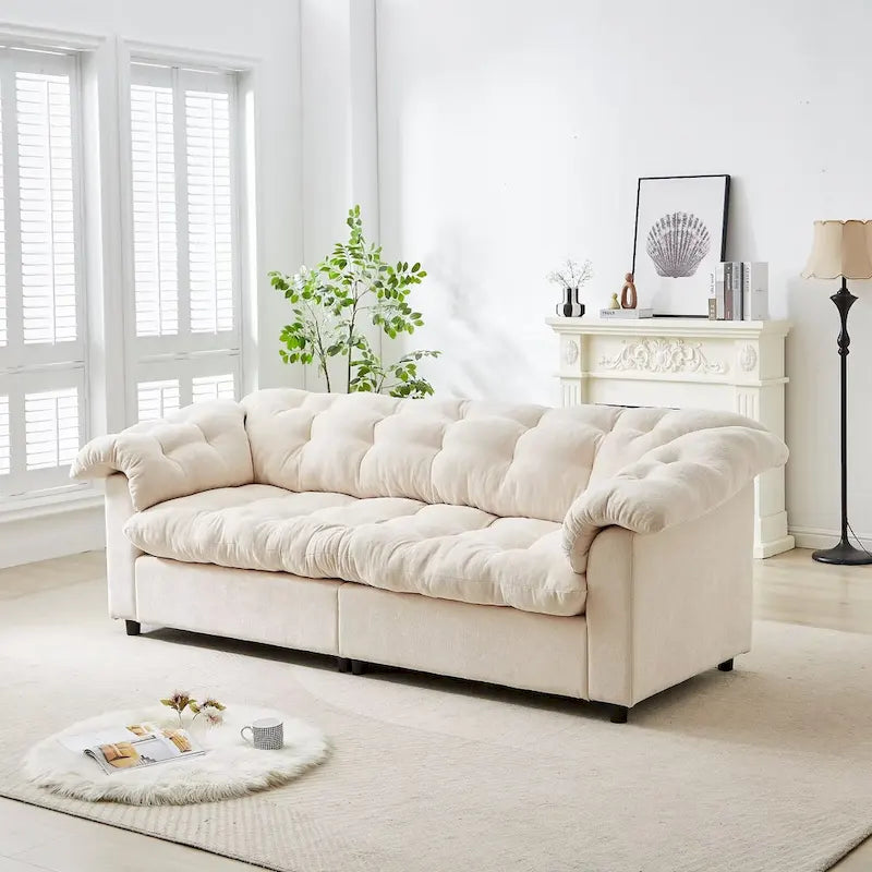 99-Inch Deep Seat Sofa – Yellow / Beige / Grey / Green, Chenille, Solid Wood Frame, Seats 3