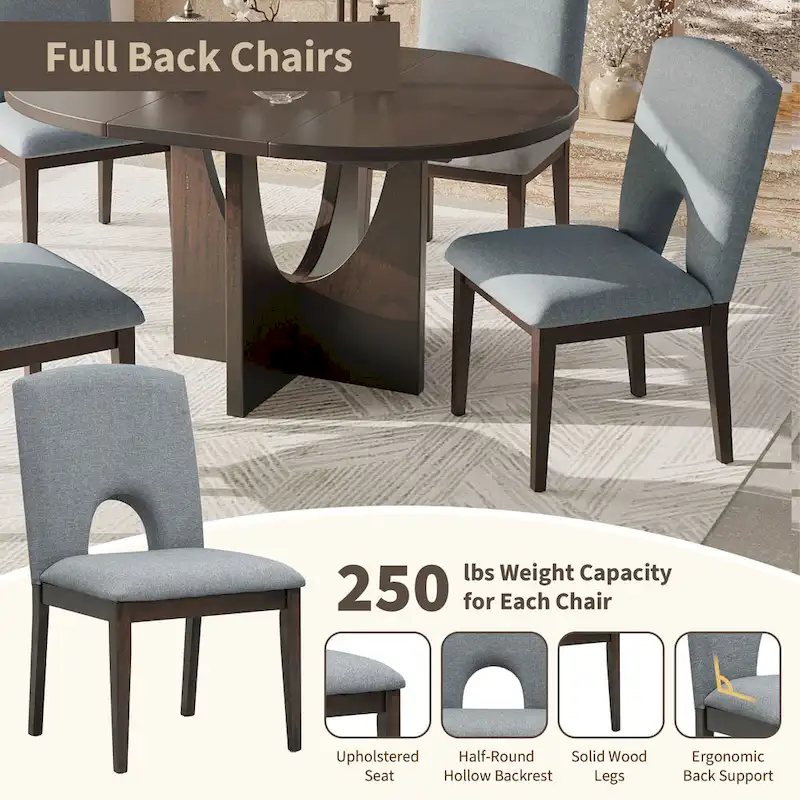 Modern Style Extendable Round Dining Table with Removable Leaf and Upholstered Dining Chairs