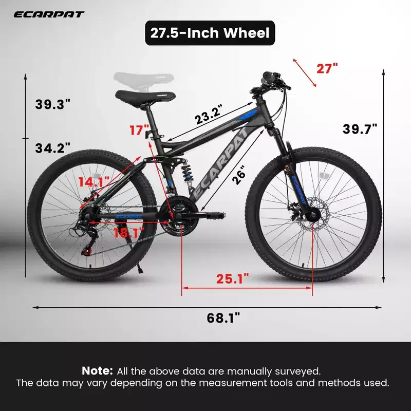 Okak 27.5IN Mountain Bike with Front and Rear Dual Shock Absorbers, 21-Speed Dirt Bike with Mechanical Disc Brake, Adult Bike for Men and Women