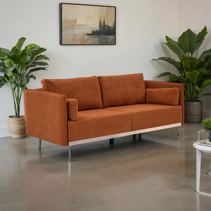 3-Seat Linen Sofa – Grey / Beige / Orange, Modern Minimalist, Metal Legs & Steel Trim, Seats 3