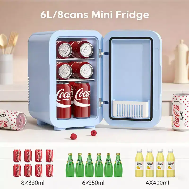 Morfone 6L Blue Mini Fridge with Cooling/Heating Function 110V AC/12V DC, Home & Car Use Ideal for Snacks Beverages and Skincare Products
