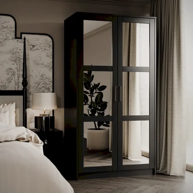 100% Solid Wood 2-Door Urban Wardrobe Armoire with Solid and Mirrored Doors