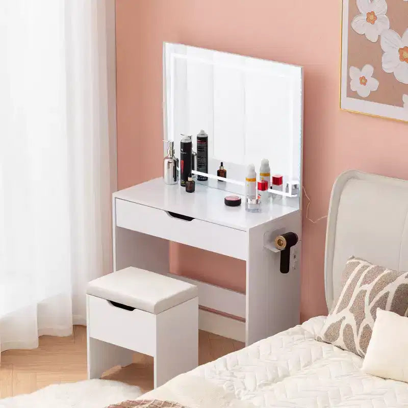 VECELO Vanity Desk Set with LED Lighted Mirror & Power Outlet, Makeup Table with Large Drawer, Storage Stool and Hair Dryer Stand for Bedroom, White