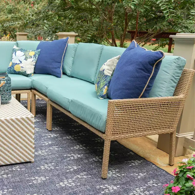 Leisure Made Riviera 5pc Wicker Sectional in Spa Blue Fabric
